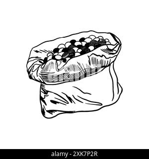 Olives dans un sac. Fruits ronds mûrs recueillis sur un arbre. Récolte. Illustration vectorielle dans le style graphique. Pour étiquettes, bannières, cartes, affiches, dépliants Illustration de Vecteur