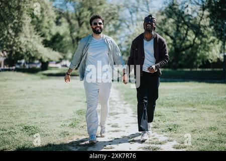 Joyeux couple gay multiracial se tenant la main et souriant dans le parc Banque D'Images