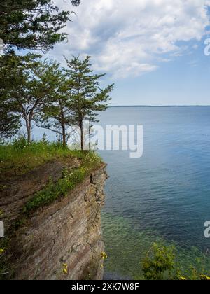 Au Robert G. Wehle State Park à New York, une vue imprenable sur le lac Ontario révèle des arbres majestueux perchés sur une falaise au-dessus du W chatoyant Banque D'Images