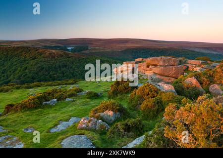 Vue de Mel Tor vers Bench Tor et Venford Reservoir. Parc national de Dartmoor. Devon. Sud-Ouest de l'Angleterre. Europe Banque D'Images