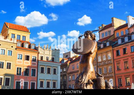 Paysage urbain - vue de la statue de Syrenka (petite sirène) sur la place du marché de la vieille ville dans le centre historique de Varsovie, Pologne Banque D'Images