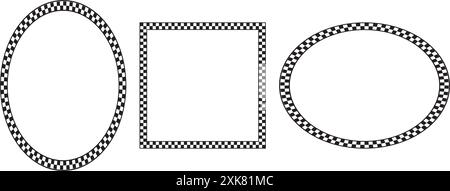 Ensemble de cadres avec des carrés noirs et blancs à carreaux. Formes ovales et carrées avec damier, drapeau de course ou motif de plan d'échecs. Géométrique Illustration de Vecteur