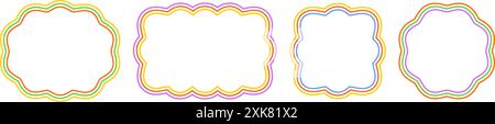 Ensemble de formes ovales, rectangulaires, carrées et circulaires colorées avec des bords ondulés. Formes géométriques simples avec bordures festonnées. Modèles de zones de texte, de balises ou d'étiquettes vides. Illustration graphique vectorielle. Illustration de Vecteur