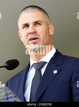 Cooperstown, États-Unis. 21 juillet 2024. Les nouveaux membres du National Baseball Hall of Fame, Joe Mauer, discute de sa carrière lors de la cérémonie d'intronisation du Temple de la renommée de la Ligue majeure de baseball pour les 2024 intronisés à Cooperstown, New York, le dimanche 21 juillet 2024. Photo de George Napolitano/UPI crédit : UPI/Alamy Live News Banque D'Images