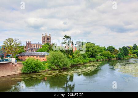 Vue panoramique le long des rives de la rivière Wye regardant vers l'emblématique cathédrale de Hereford, Hereford, Herefordshire, Angleterre Banque D'Images