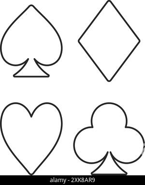 Ensemble de symboles d'icône utilisés pour jouer des costumes de cartes, y compris des coeurs, des diamants, des pique et des clubs dans le contour vectoriel Illustration de Vecteur