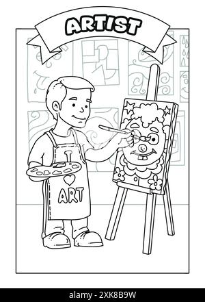 Dessin continu en noir et blanc d'un artiste peignant sur une toile. Une page de coloriage créative pour les enfants à explorer les professions artistiques. Feuille de travail. Banque D'Images