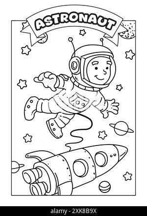 Professions Coloriage pages pour enfants. Coloriage astronaute noir et blanc, fiche d'activité. Banque D'Images