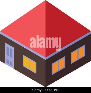 Vue isométrique d'une maison avec un toit rouge montrant fenêtres et porte Illustration de Vecteur