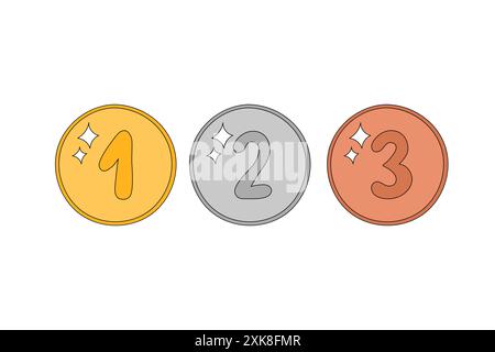 Illustration vectorielle de jeu de médailles. Doodle prix d'or, d'argent et de bronze. Le gagnant attribue la première, la deuxième et la troisième place. Dessinez à la main de jolies médailles Illustration de Vecteur