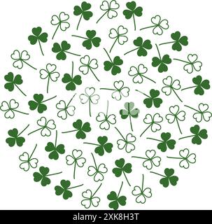 Silhouette et contour Shamrocks en vert tendance en forme de cercle. Toile de fond ronde en trèfle monochrome. Isolé. Vector Wallpaper cartes de voeux, affiche, bannière, prix, étiquette ou web, concept de design promo Illustration de Vecteur