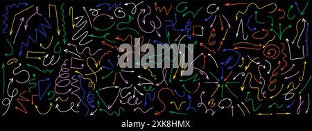 Flèches de navigation doodle 2d line traits icônes vectorielles sur fond noir. Pointeurs de direction incurvés ensemble d'illustrations multicolores au néon Illustration de Vecteur