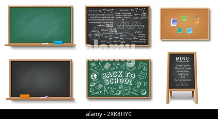 Illustrations de tableaux interactifs pour l'information sur fond blanc. Ensemble d'illustration avec divers tableaux noirs et équipements pour la présentation Illustration de Vecteur