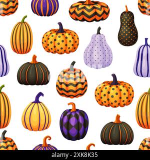 Ornement de vacances de dessin animé d'Halloween motif citrouilles sans couture. Fond de tuile vectorielle avec des plantes de courge colorées avec des points, losange, rayures Illustration de Vecteur