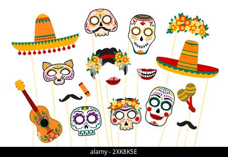 Masques de cabine photo de jour mort mexicain avec accessoires. Dia de Los Muertos vacances, jour des morts sucre traditionnel et crânes d'animaux, sombrero, moustaches, C Illustration de Vecteur