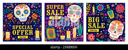 Bannières de vente mexicaines, cartes carrées de vecteur de vacances mortes, comportent des couleurs vibrantes, des crânes de sucre, des motifs floraux, des bougies, maracas et poivrons. Illustration de Vecteur