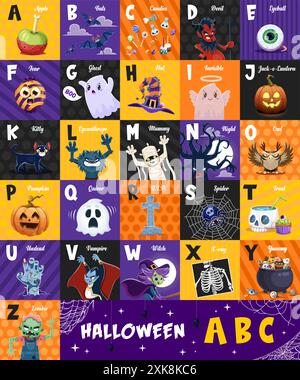 Alphabet de vacances d'Halloween, abc type enfants. Vecteur lettres majuscules avec des personnages de monstre effrayants de dessin animé drôles. Zombie, fantômes, sorcière, momie ou blac Illustration de Vecteur