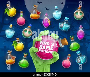 Trouvez deux mêmes bouteilles de potion de sorcière magique d'Halloween. Différence de repérage des enfants jouant une activité, les objets comparent la feuille de calcul de vecteur de puzzle pour enfants avec z Illustration de Vecteur
