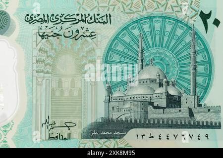 La Grande Mosquée de Muhammad Ali Pacha commandée par Muhammad Ali Pacha entre 1830 et 1848., Portrait de billets de banque. Portrait d'Egypte 20 Poun Banque D'Images