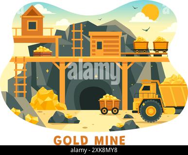 Illustration vectorielle de mine d'or avec activité de l'industrie minière mettant en vedette trésor, piles de pièces de monnaie, bijoux et gemmes dans un fond de dessin animé de style plat Illustration de Vecteur