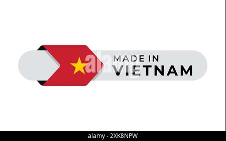 Fabriqué au Vietnam étiquette vectorielle avec icône de drapeau de flèche et cadre rond. pour logo, étiquette, insigna, sceau, étiquette, signe, sceau, symbole, badge, timbre, autocollant Illustration de Vecteur