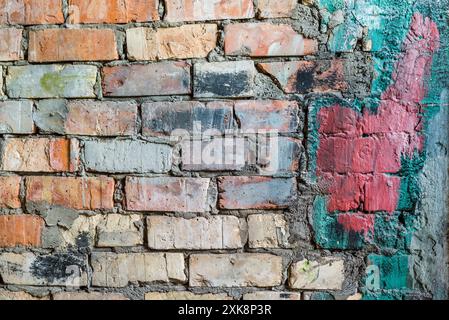 Gros plan sur la texture d'un vieux mur de briques cassées en ruines Banque D'Images