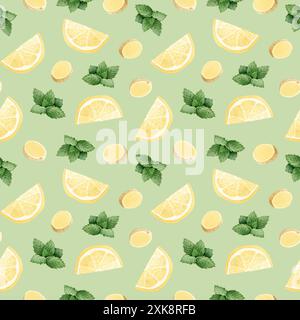 Tranches de citron, menthe poivrée et gingembre motif aquarelle sans couture sur vert pastel. Fond avec des herbes saines Banque D'Images