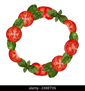 Cette couronne de tomates et basilic peinte à la main est parfaite pour les projets culinaires et décoratifs axés sur la nourriture et la cuisine. Objet isolé sur fond blanc pour la conception d'un livret, flyer, e-pack, étiquette ou publicité. Art numérique dans le style aquarelle. Banque D'Images