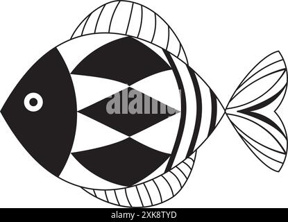 Illustration décorative de poisson avec des motifs simples. Icône de poisson noir et blanc décoré abstrait. Dessins stylisés et décoratifs de créatures sous-marines. BL Illustration de Vecteur