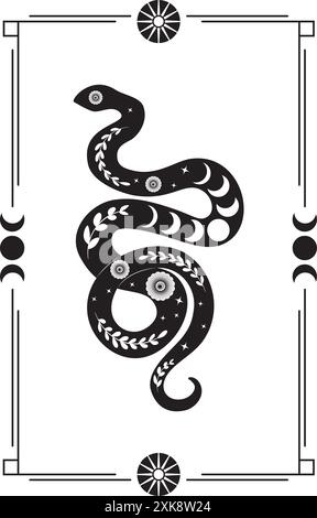 Cadre rectangulaire avec serpent floral décoratif dans un style rétro. Silhouette de serpent noir abstrait avec des éléments floraux à l'intérieur. Illustration de Vecteur