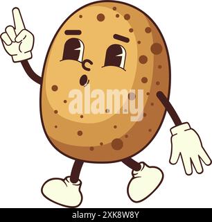 Illustration amusante abstraite d'une pomme de terre de dessin animé marchant. Illustration de la mascotte de pomme de terre mignonne, expression de bande dessinée rétro. Illustration de Vecteur