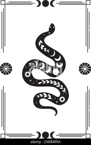 Cadre rectangulaire avec serpent floral décoratif dans un style rétro. Silhouette de serpent noir abstrait avec des éléments floraux à l'intérieur. Illustration de Vecteur