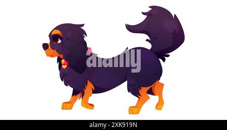 Cavalier charles king chien spaniel isolé dessin animé. Noir et brun beau personnage d'animal de compagnie de course de race pure. Populaire côté chiot anglais mignon marchant avec col rouge et clipart souriant coeur doré. Illustration de Vecteur