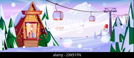 Station de ski de montagne en hiver avec stand de vin chaud, chalet d'hôtel et cabine rouge sur téléphérique. Vecteur de dessin animé paysage de vacances de saison froide collines de neige blanche, épinettes vertes et funiculaire moderne. Illustration de Vecteur