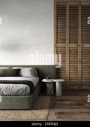 Coin chambre rustique avec une armoire en bois texturé et tables de chevet en marbre sur un sol à chevrons, rendu 3D. Banque D'Images