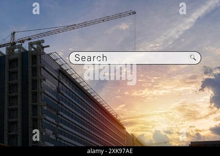 Grue de construction de levage cherchant presque sur Internet. Conception de bannière d'illustration de style plat isolé sur fond de ciel. Signification dans la recherche d'emploi, Banque D'Images