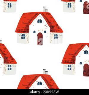 Motif sans couture. Une simple maison de conte de fées avec un toit rouge dans le style scandinave. Fond blanc pour cartes, affiches. Papier d'emballage et textiles Illustration de Vecteur