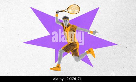 Affiche. Collage d'art contemporain. Joueur de tennis bondissant en l'air avec une raquette tenue haut sur fond gris avec étoile violette. Effet texturé. Banque D'Images