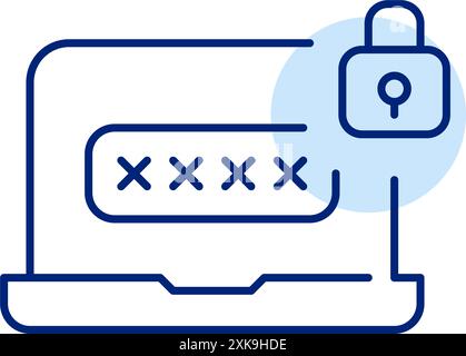 Interface d'entrée d'ordinateur portable protégée. Zone de saisie du mot de passe et verrouillage. Sécuriser les données utilisateur. Icône de contour pixel Perfect, modifiable Illustration de Vecteur