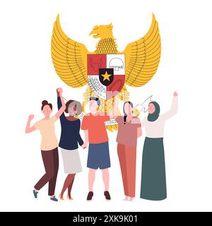 Jeunes jeunes divers heureux debout devant le symbole de Pancasila unité dans la diversité symbole national de l'Indonésie Illustration de Vecteur