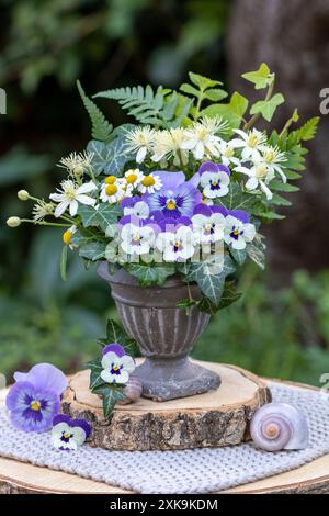 arrangement floral avec des fleurs d'alto blanc-violet, camomade, fleurs de clématite et lierre dans un vase végétal vintage Banque D'Images