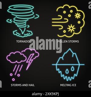 Jeu d'icônes néon pour les impacts du réchauffement climatique. Catastrophes naturelles causées par le changement climatique. Illustration vectorielle. Illustration de Vecteur
