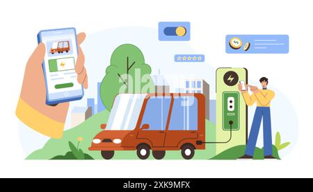 Personnage d'homme plat payer et charger la voiture électrique à ev station de charge via l'application mobile sur smartphone. Transport vert. Concept de carburant écologique. Écologie environnement véhicules. Borne de charge auto Illustration de Vecteur