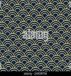 Motif semi-circulaire gradient d'or, vecteur. Style de conception de fond bleu marine. Motif chinois, japonais, coréen. Fête de la lune et de la mi-automne. Illustration de Vecteur