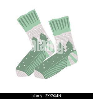 Chaussettes tricotées en laine fée avec des pins et de la neige, symbole de Noël et d'hiver confortable. Bas de Noël, illustration vectorielle. Illustration de Vecteur