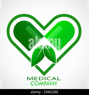 logo vert naturel de pilule médicale avec des feuilles dans le cadre en forme de coeur Illustration de Vecteur