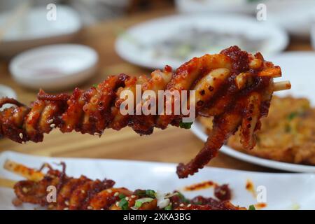 Plat traditionnel coréen où le poulpe est mariné et grillé sur des brochettes Banque D'Images