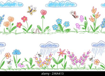 Enfants peignant le motif horizontal de fleur de doodle Illustration de Vecteur