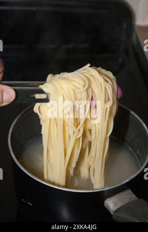 Tagliatelles étant cuites maison et bouillies dans une poêle sur une plaque de cuisson Banque D'Images