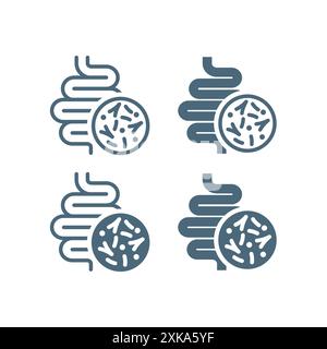 Ensemble d'icônes de vecteur de bactéries intestinales et microflore. Symbole intestins et microbiote. Illustration de Vecteur